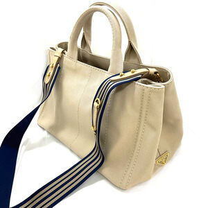 Prada Tote Open Card Beige Canvas Blue Shoulder Closure Canapa Logo Navy